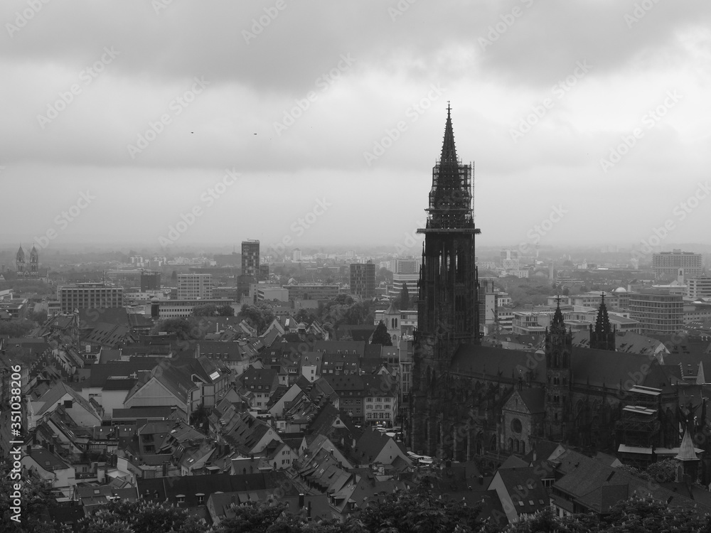 Freiburg cityscape in black and white