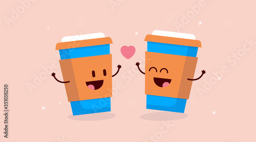 Coffee love - Two happy cute takeaway coffee cups friends cheering with a heart between them. Good morning and great start concept. Vector illustration.