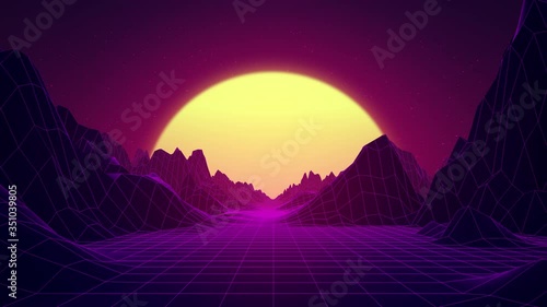 80s Retro Background Animation. Retro wave and synthwave digital landscape with neon lights, sun, mountains. Cyber low poly grid, terrain. Retro futuristic clip. Perfectly Seamless loop 3D intro video