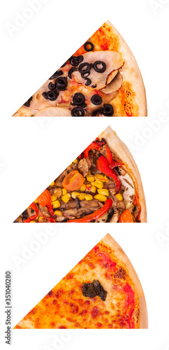Set of three different slices of tasty italian pizza: with ham, mushrooms and olives, pizza with vegetables and Margherita, isolated on white background