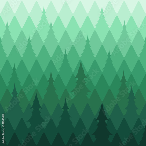 Geometric seamless background of gradient green rows of diamonds with fir tree silhouettes. Forest in the mist