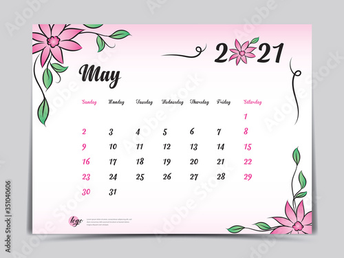 Calendar 2021 template pink flower concept creative design, May 2021 month,  Simple desk calendar design, Week starts from Sunday. vector eps10
