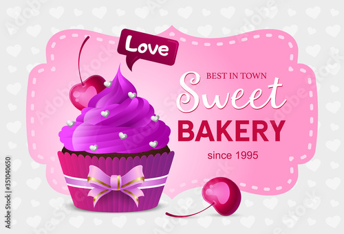 Flyer sweet bakery, homemade desserts, sweets. Banner template, gift card muffins store. Chocolate cake. Vector illustration