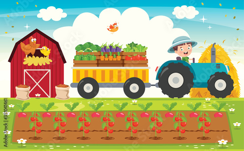 Funny Little Farmer Riding Tractor