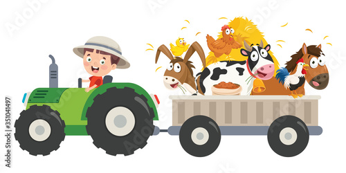 Funny Little Farmer Riding Tractor