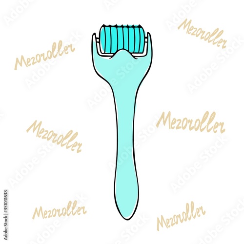 Mezoroller, derma roller. Roller for mesotherapy. The concept of cosmetology, skin care. Vector element and hand lettering in doodle style.