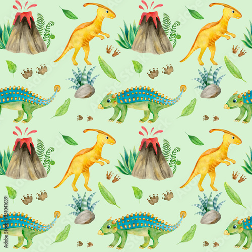 Watercolor Seamless Pattern with Tropical Leaves and Cute Dinosaurs.  Colorful Hand Drawn Childish Dino Illustration For Gift Wrapping  Textile   Background of Web Pages  Printing Products