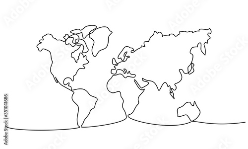 Continuous one line drawing. World map. Vector illustration.