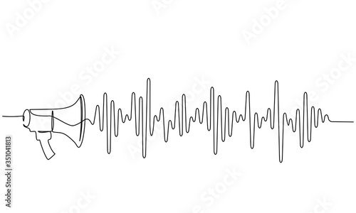 Megaphone, loudspeaker with sound wave. one line drawing