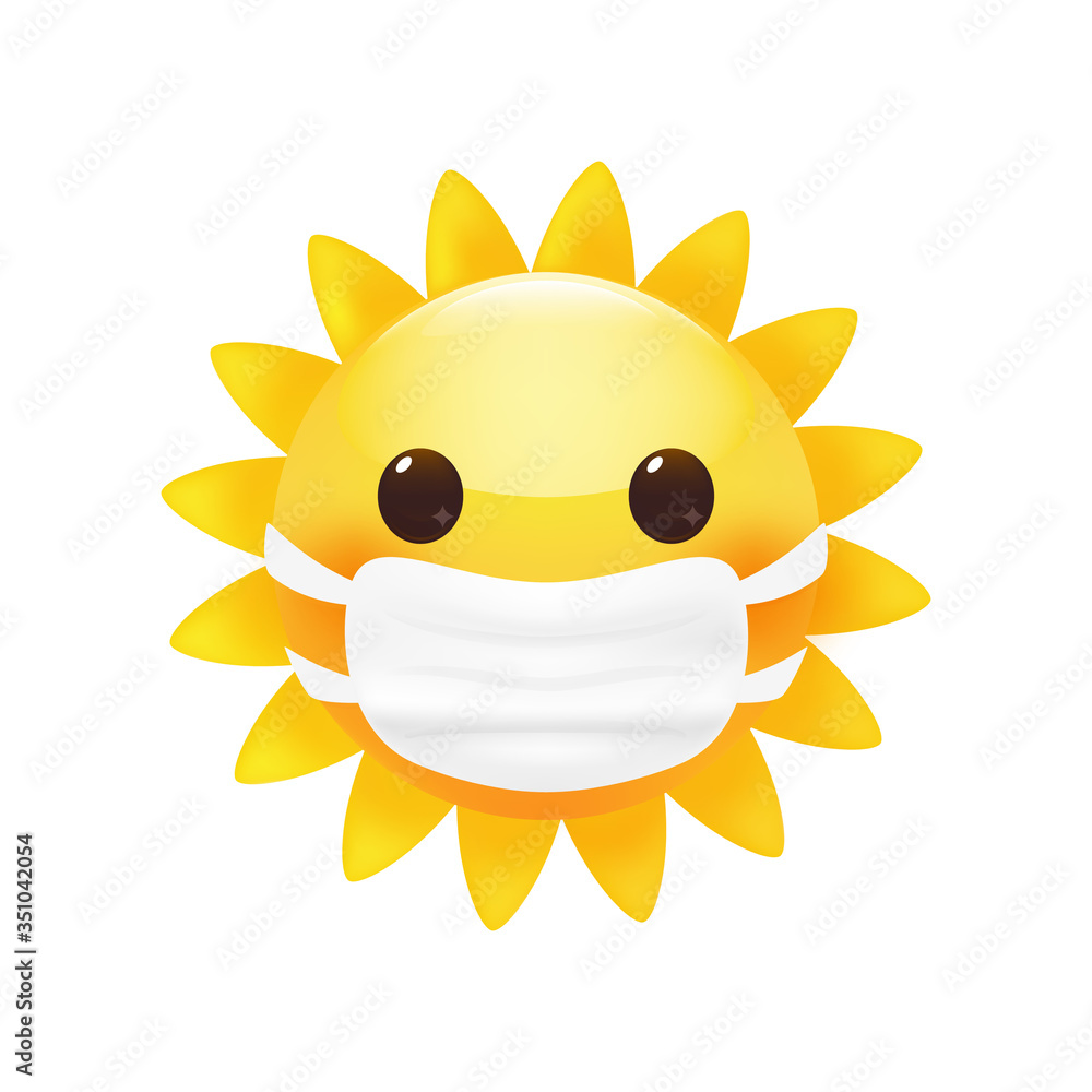 Cute little sun in a face protective mask. Anti virus concept. Bright cartoon style. Premium vector.