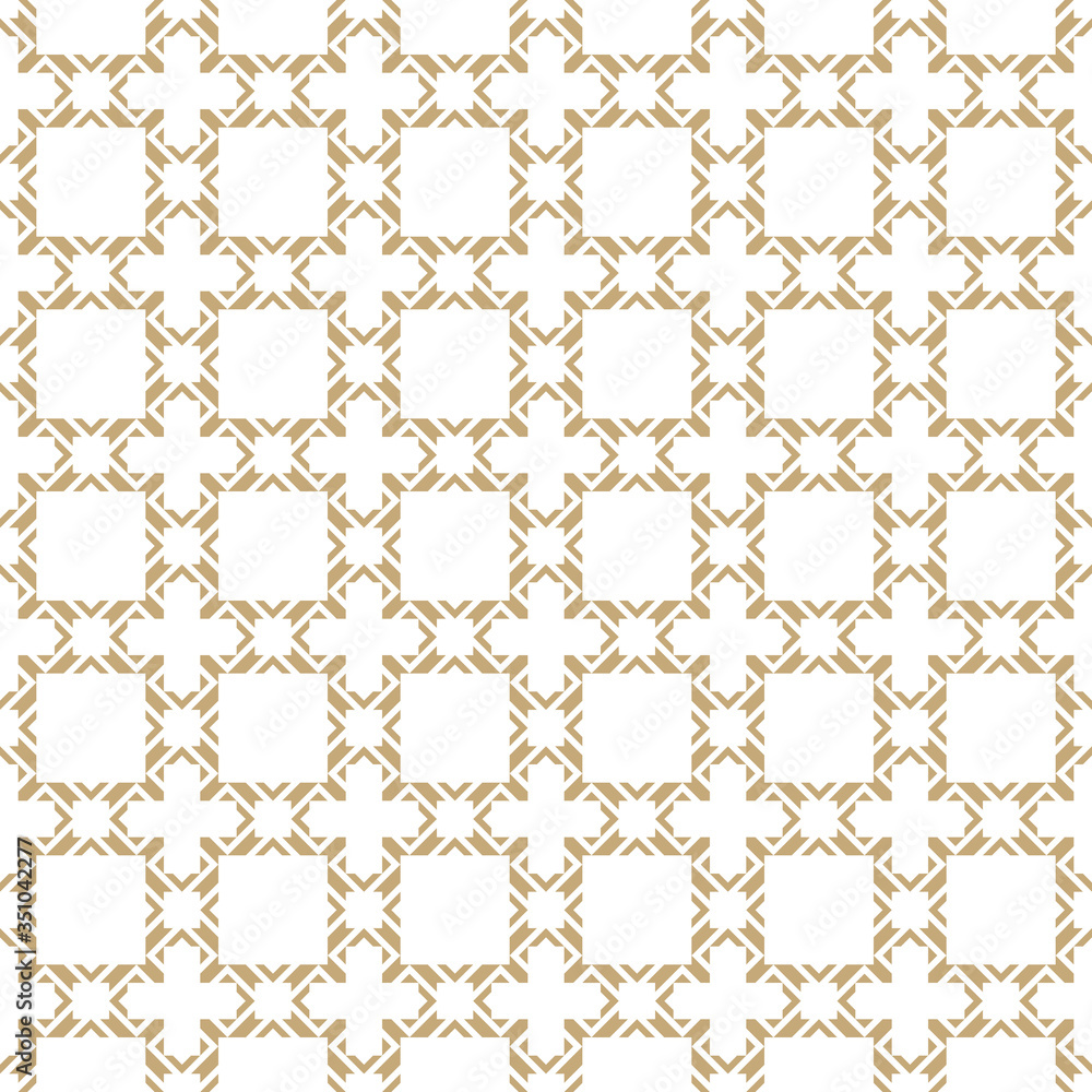 Golden abstract geometric seamless pattern in oriental style. Vector gold and white background. Elegant Asian ornament. Luxury graphic texture with square grid, lattice, net, crosses. Repeat design