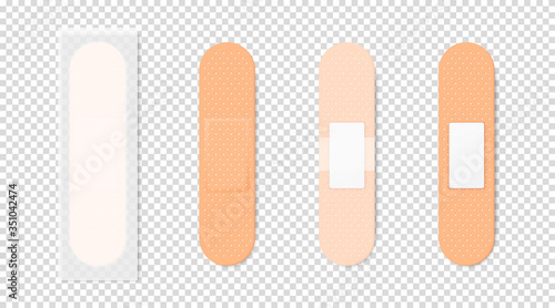 Vector 3d Realistic Medical Patch Icon Set Closeup Isolated on Transparent Background. Design Template Adhesive Bandage Elastic Medical Plasters. Front and Back Side View