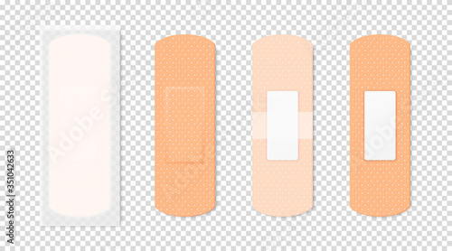 Vector 3d Realistic Medical Patch Icon Set Closeup Isolated on Transparent Background. Design Template Adhesive Bandage Elastic Medical Plasters. Front and Back Side View