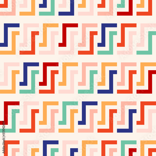 Vector geometric seamless pattern with lines, meanders, chain, grid, net. Stylish colorful background. Modern abstract graphic texture. Simple geo ornament. Repeat design for decor, fabric, wallpaper