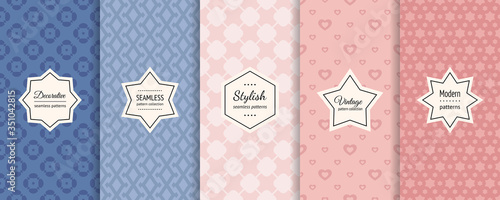 Vector geometric seamless patterns collection. Set of elegant colorful background swatches with modern minimal labels. Cute abstract textures. Blue and pink color. Romantic design for print, decor