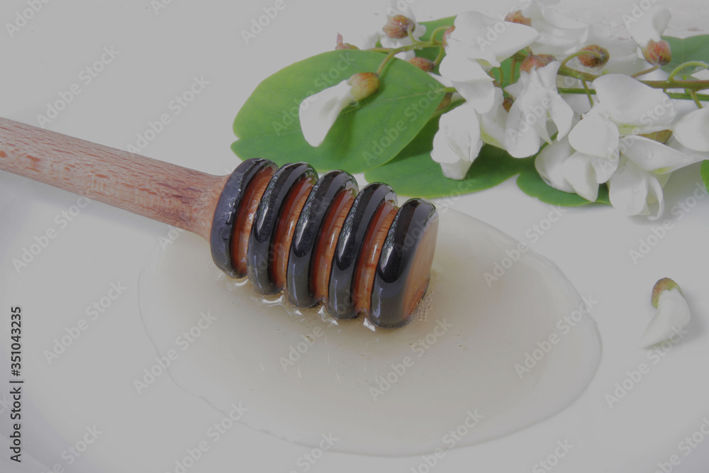 honey dipper with liquid honey on a background of green flowers.
honey dipper with liquid honey on a background of green flowers.