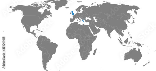 Greece, United kingdom countries isolated on world map. Light gray background. Business concepts, diplomatic, trade and transport relations.
