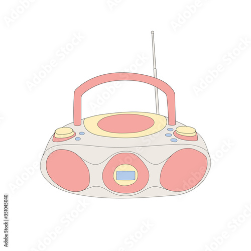 Vector hand drawn flat illustration of CD recorder isolated on white background. Retro vintage 2000s CD sound system pink and yellow colours 