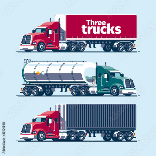 Three heavy trucks with different cargo trailers - tilt, tank, container. Blank vector template mockup. (ID: 351045411)