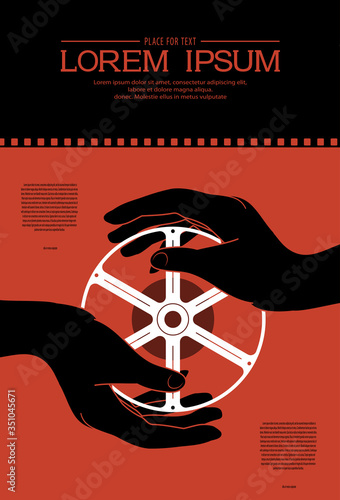 Template for festival horror movie. Black hands holding a film reel on a red background. Film design for ad, banner, flyer, poster, ticket. Retro cinema background. Scary cinema. Horror film night.