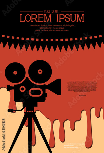 Cinema background for a horror movie festival design. Silhouette of old cinema projector on a tripod in a puddle of blood. Retro film festival template for banner,poster.Scary cinema.Horror film night