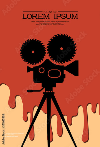 Template for festival horror movie. Silhouette of death cinema projector with circular saw on background of blood drops. Film design for banner, flyer, ticket. Retro cinema background. Scary cinema.