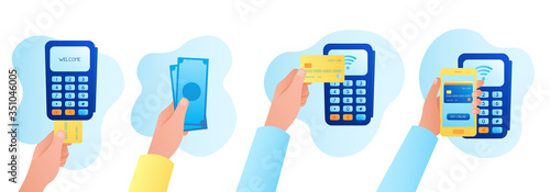 payment methods: by credit card through the POS terminal, cash, contactless payment, payment by smartphone app. vector flat illustration. concept of online payment, banking, and electronic money