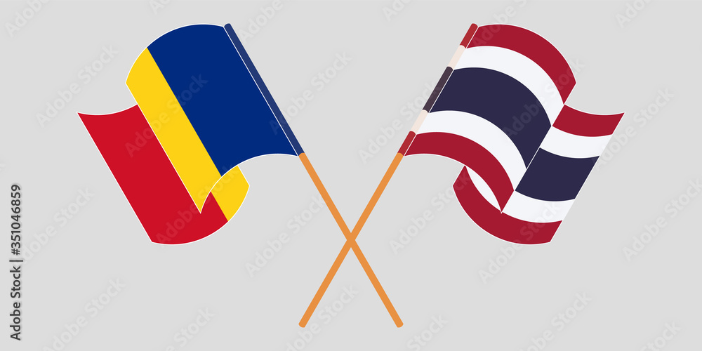 Crossed and waving flags of Romania and Thailand Crossed and waving flags of Romania and Thailand