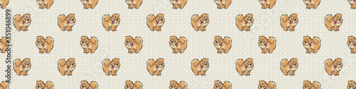Hand drawn cute pomeranian with pink bow dog face seamless border pattern. Purebred pedigree domestic dog background. Dog lover fluffy spitz pet washi ribbon. Kennel pooch EPS 10. 