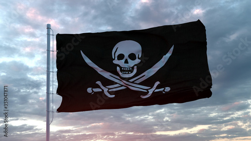 Pirate Flag Waving. Skull and Swords. Blue Sky, 3D Illustration