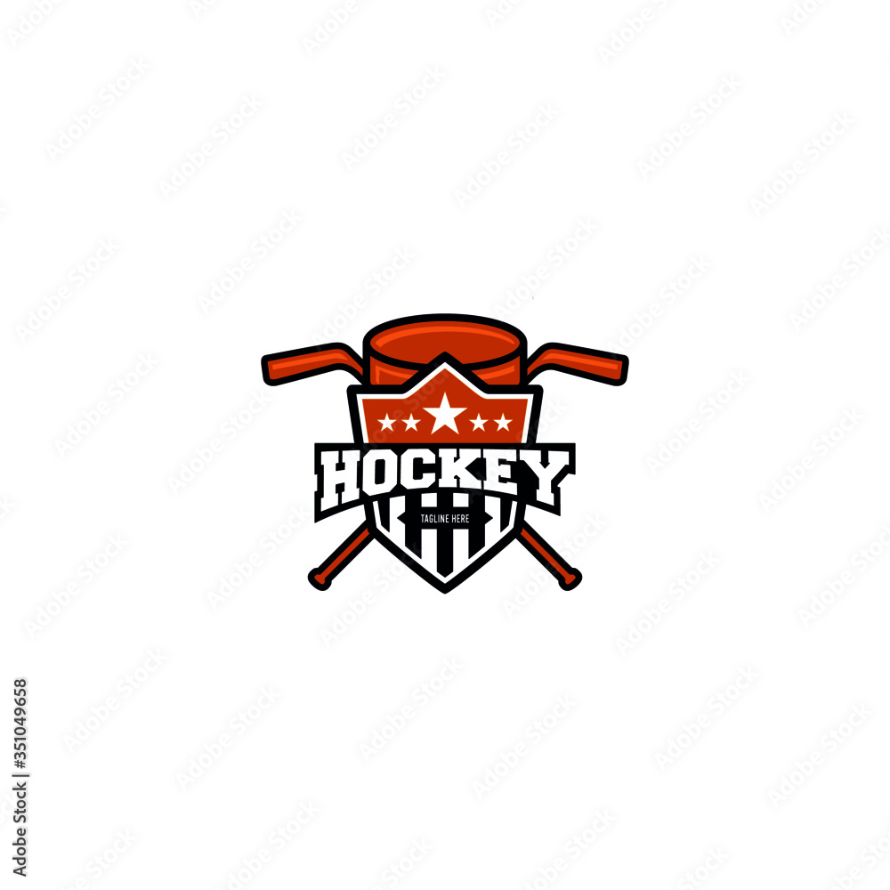 Shield Hockey badge, logo, emblem template. Hockey Badge Logo Design vector template. T-shirt Graphics Sport Team Identity Illustration Label isolated on white Background Shield Hockey badge, logo, emblem template. Hockey Badge Logo Design vector template. T-shirt Graphics Sport Team Identity Illustration Label isolated on white Background