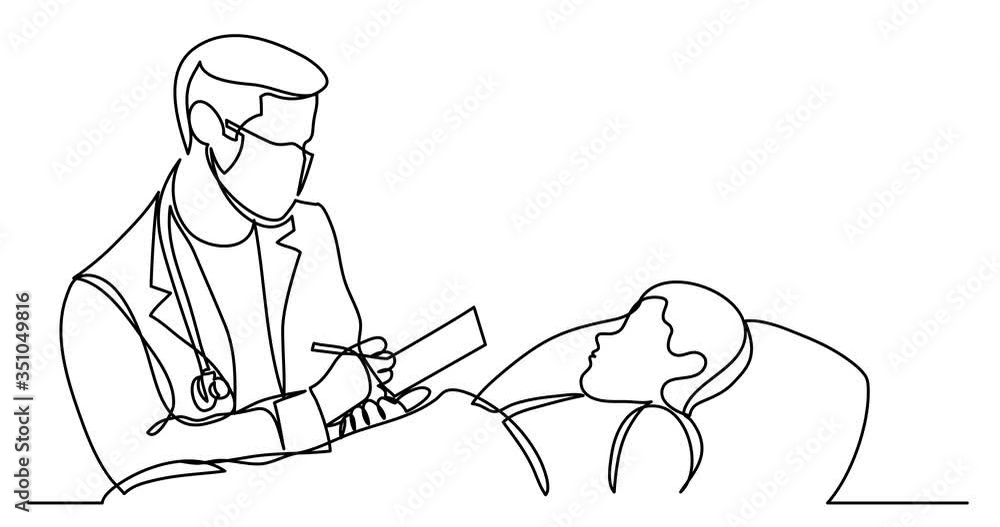 Animation of continuous line drawing of doctor in protective mask talking to sick patient in bed Animation of continuous line drawing of doctor in protective mask talking to sick patient in bed