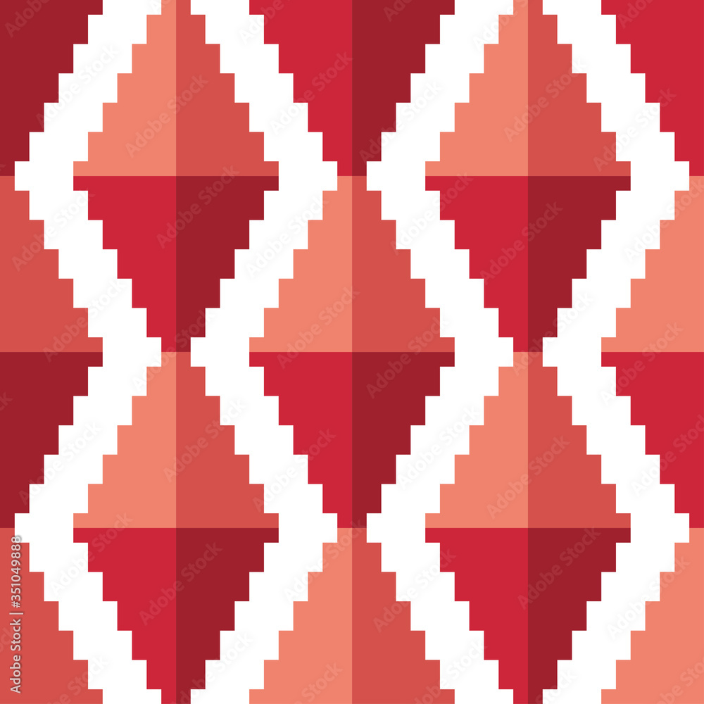 Red volumetric pixel rhombuses isolated on white background. Vertical view. Geometric seamless pattern. Vector graphic illustration. Texture. Red volumetric pixel rhombuses isolated on white background. Vertical view. Geometric seamless pattern. Vector graphic illustration. Texture.