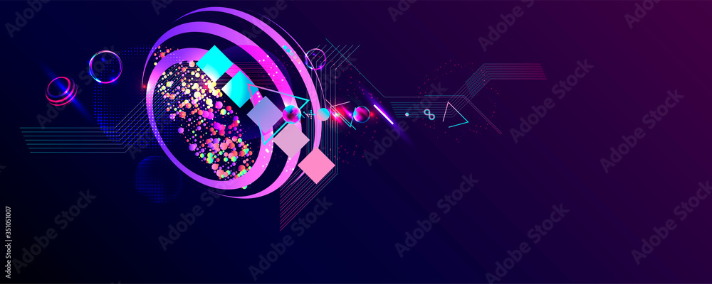 Dark retro futuristic art neon abstraction background cosmos new art 3d starry sky glowing galaxy and planets blue circles Dark retro futuristic art neon abstraction background cosmos new art 3d starry sky glowing galaxy and planets blue circles
