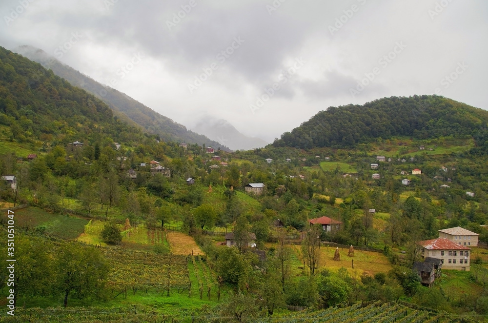 Panorama of valley after a rain. One of the areas of viticulture of Georgia. Nature and travel. Georgia, Adjara