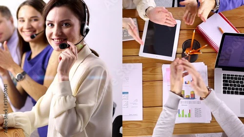 Smiling young people operator taking calls in call center office business worker computer corporate headset job man service group finance sunshine phone close up slow motion