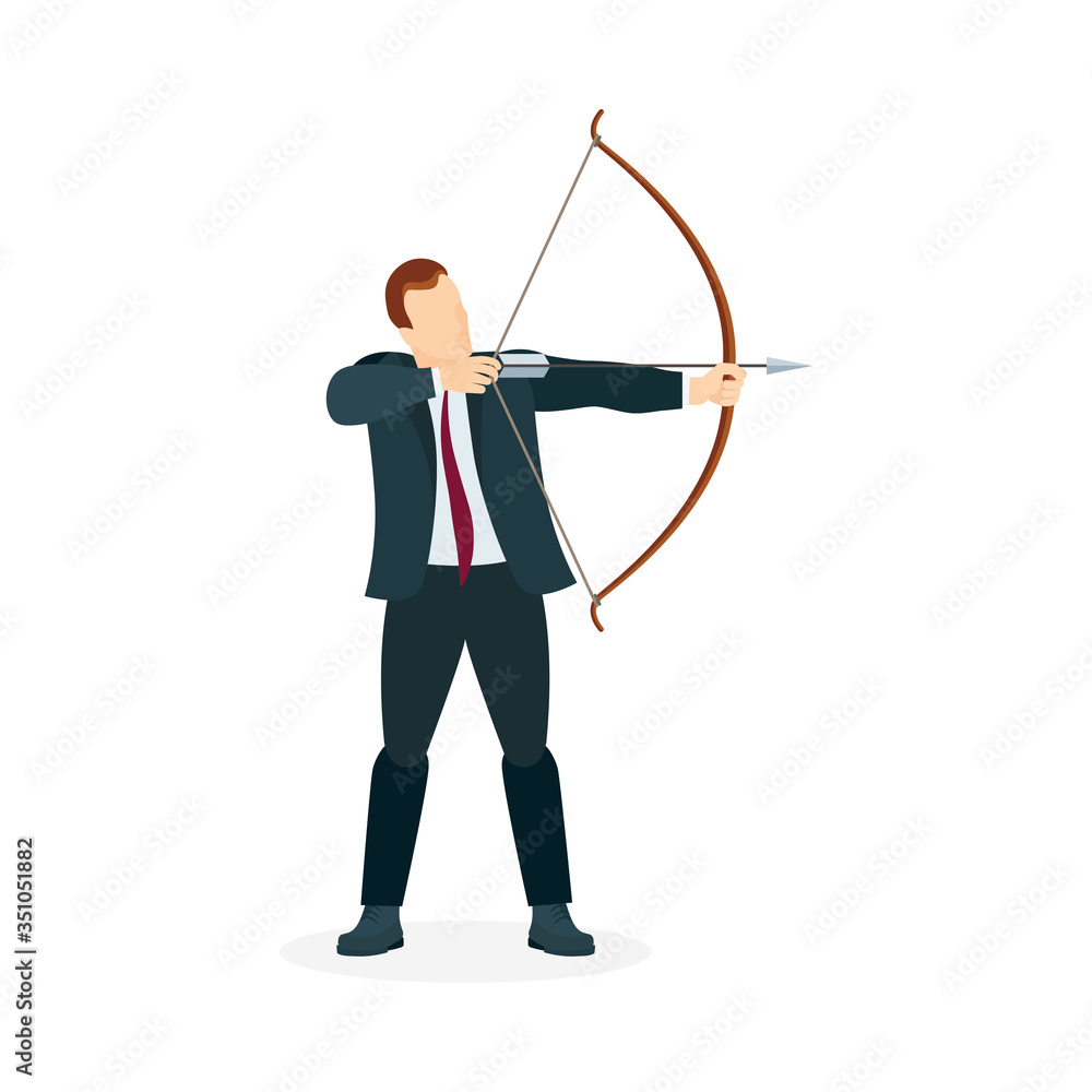 Businessman with bow and arrow. Male holding bow and arrow aiming to shoot. Archer with bow and arrow vector illustration. Part of set.