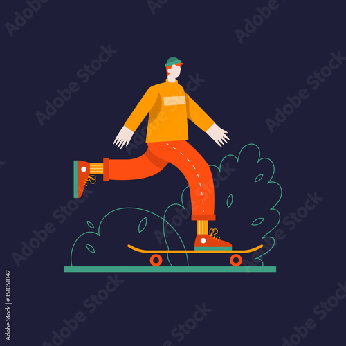 Young guy skates on a skateboard vector flat illustration. Modern sports and entertainment. Leisure and active holidays.