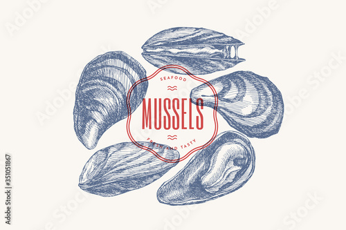 Hand-drawn set of mussels in different foreshortening vector illustration. Seashells in engraving style on a light background. Seafood. The menu design element of a fish restaurant, market or store.