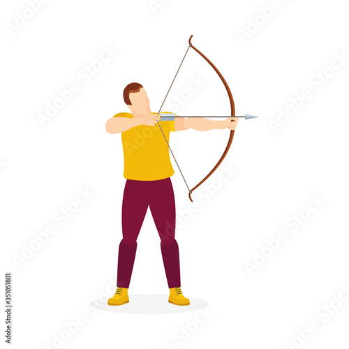 Man with bow and arrow. Male holding bow and arrow aiming to shoot. Archer with bow and arrow vector illustration. Part of set.