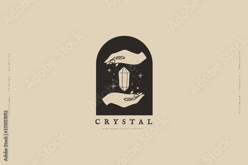 Logo template with hands and crystal vector illustration. Magic quartz stone sparkles and soars. Mystical retro symbols for spiritual practices of ethnic magic and astrological rites.