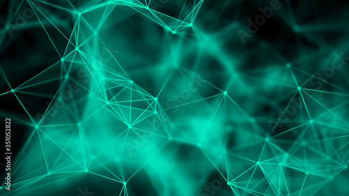 Network connection structure.Low poly shape with connecting green dots and lines on dark background.3d rendering Big data visualization.