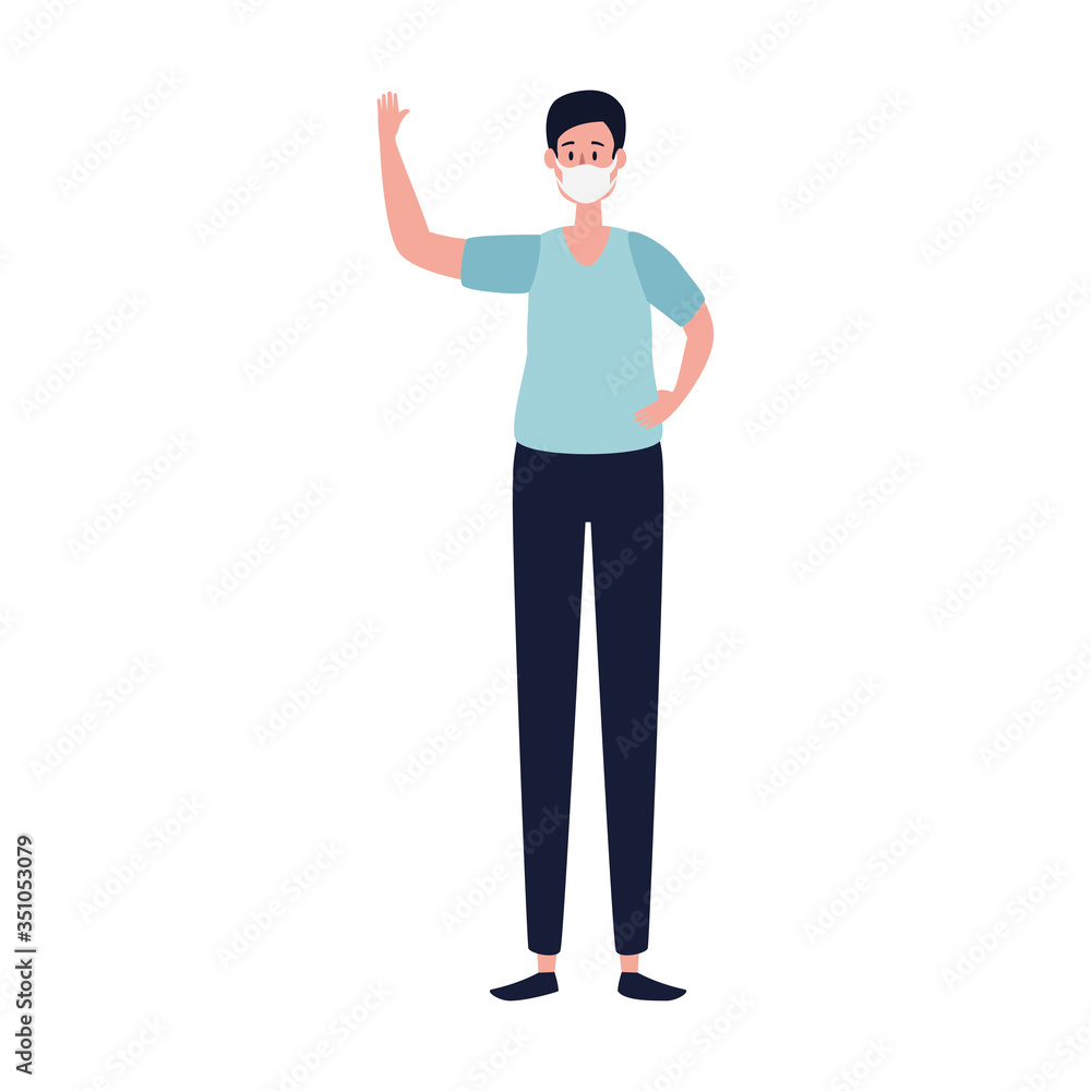 man using face mask waving hand isolated icon vector illustration design