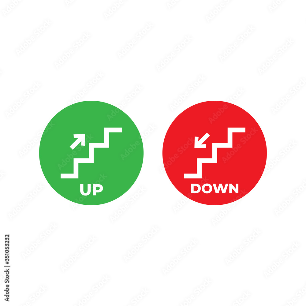 Stairs up and stairs down symbol set. Stairs icon upward, downward, isolated vector illustration set. Stairs up and stairs down symbol set. Stairs icon upward, downward, isolated vector illustration set.
