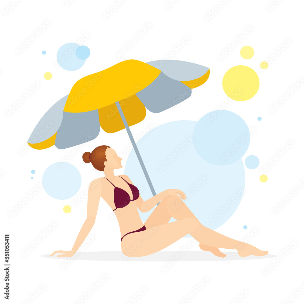 Young girl sunbathing under umbrella. Lady sunbathing on beach vector illustration. Part of set.