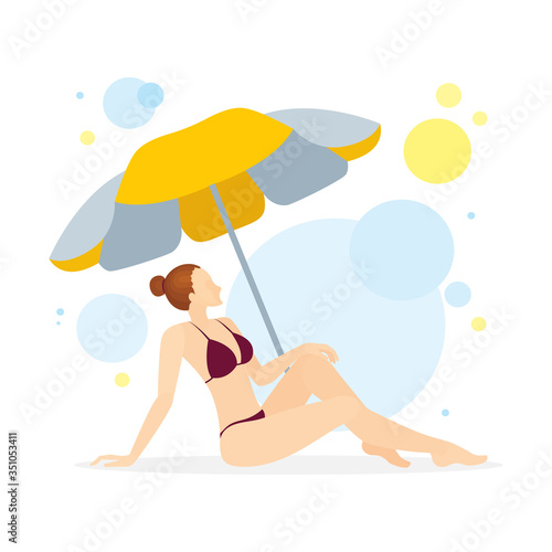Young girl sunbathing under umbrella. Lady sunbathing on beach vector illustration. Part of set.
