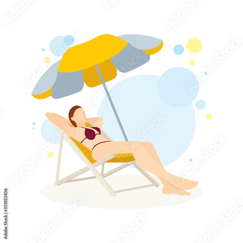 Young girl sunbathing in deck chair under umbrella. Lady sunbathing on beach vector illustration. Part of set. sunbathing, girl, female, lady, woman, beach, deck, chair, umbrella, pose, swimsuit, biki