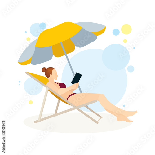 Young girl sunbathing in deck chair under umbrella. Lady sunbathing on beach vector illustration. Part of set.
sunbathing, girl, female, lady, woman, beach, deck, chair, umbrella, pose, swimsuit, biki