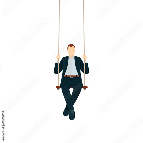 Businessman swinging. Man on swing vector illustration. Businessman sitting on a swing. Part of set.