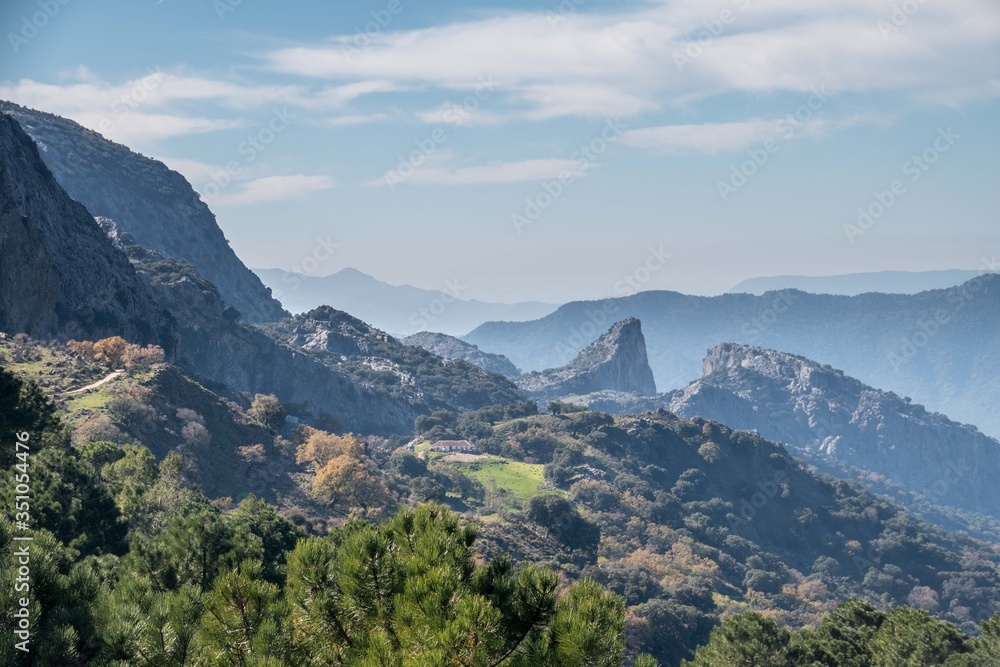 View of mountains and valleys in Sierra de Grazalema Natural Park, Andalusia, Spain